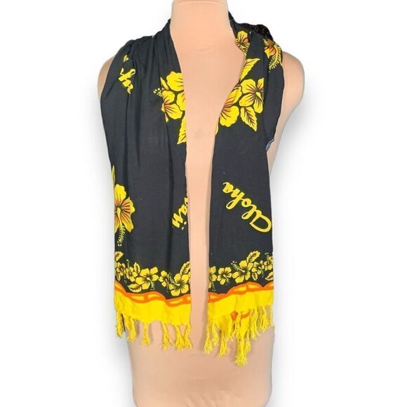 Hawaiian Sarong Wrap Scarf Black Yellow Floral Aloha Fringe Beach Swim Coverup - Picture 6 of 10